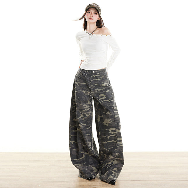 American-Style Camouflage High-Waisted Cargo Knife Pants for Women, Loose and Slimming, New Autumn and Winter Drapey Floor-Length Wide-Leg Casual Pants for Women