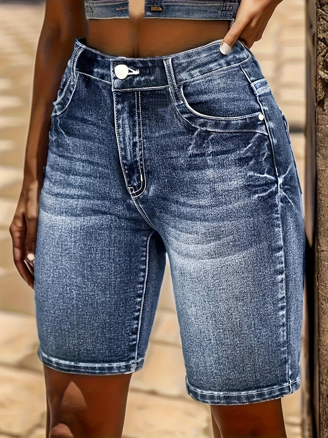 European and American Cross-Border Women's Denim Shorts, Vintage Stretchy Blue Embroidered Versatile Slim-Fit Flattering Multi-Technique Shorts