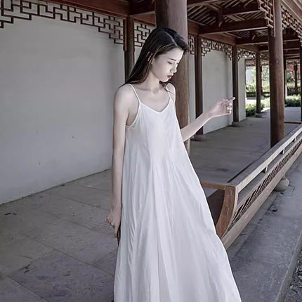 25 Summer Self-Made Long Cotton Dress with Large Hem and Double-Layered Leaf-Patterned Splicing, Two-Color Pure Cotton Strap Dress