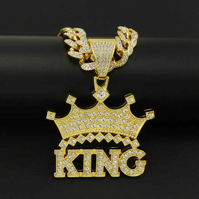 Full Diamond Crown King Letter Pendant Cuban Chain Necklace Hipster Hip Hop Personality Diamond Punk Wear Clavicle Chain