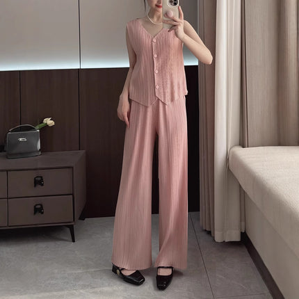 Summer Fashion Suit for Women, High-End and Elegant, a Complete Set of Three-Piece Vest, Pleated Straight Pants, Two-Piece Set