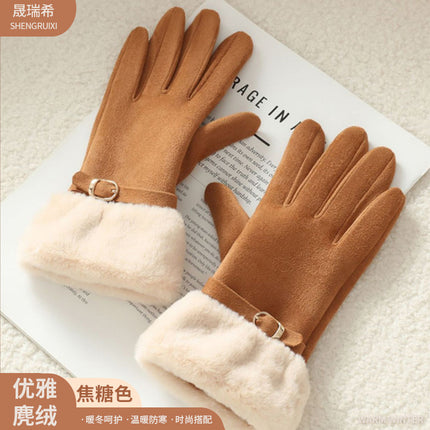 Suede Women's Thickeneded Velvet Gloves Wholesale Outdoor Cycling Suede Korean Style Cute Touch Screen Gloves Dropshipping