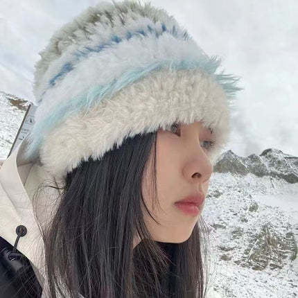 Thickened winter women's plush fisherman hat color matching black and white striped plush knitted wool basin hat warm hat