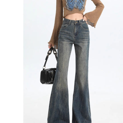 American Retro Flared Jeans for Women, Spring and Autumn New Vintage Design, Niche Slimming Floor-Length Bootcut Pants