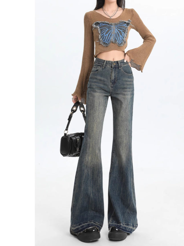 American Retro Flared Jeans for Women, Spring and Autumn New Vintage Design, Niche Slimming Floor-Length Bootcut Pants