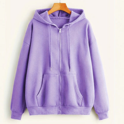 Amazon Aliexpress Cross-Border European and American Clothing 2025 Autumn and Winter Velvet Zipper Loose Pure Color Hooded Sweatshirt for Women
