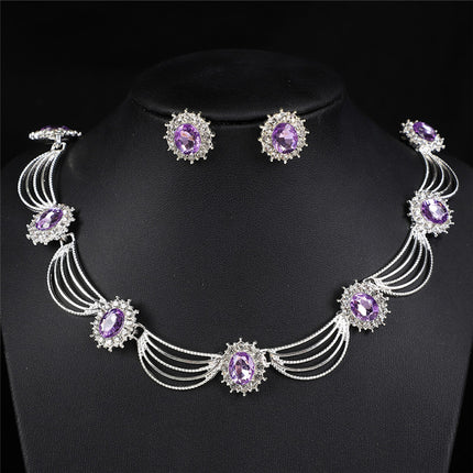 Cross-Border Gemstone Necklace, Artistic Retro Medieval Court Jewelry, Fan-Shaped Aesthetic Internet Celebrity Style Necklace and Earrings Set