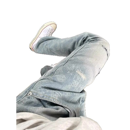European and American High Street Vibe Retro Paisley Jeans for Men and Women with Ripped Patches, Unique Design, Slimming and Eye-Catching Street Style Pants