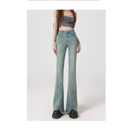 Retro Raw Edge Micro-Flared Jeans for Women Plus Size High Waist Petite Slim Slim Floor-Length Trousers