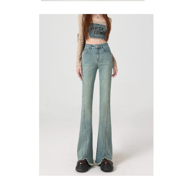 Retro Raw Edge Micro-Flared Jeans for Women Plus Size High Waist Petite Slim Slim Floor-Length Trousers