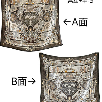 Double-Sided Silk Wool Scarf for Women in Autumn and Winter, Silk Wool 70 Square Scarf, Warm and Dual-Purpose, Versatile Elegant, Air-Conditioned Neck Protector for Women