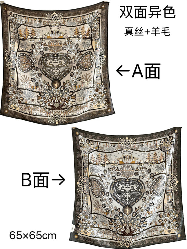 Double-Sided Silk Wool Scarf for Women in Autumn and Winter, Silk Wool 70 Square Scarf, Warm and Dual-Purpose, Versatile Elegant, Air-Conditioned Neck Protector for Women