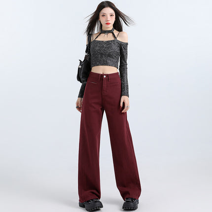 American Ankara Red Narrow Straight-Leg Jeans for Women, Autumn New Loose Slimming Versatile Floor-Length Wide-Leg Pants