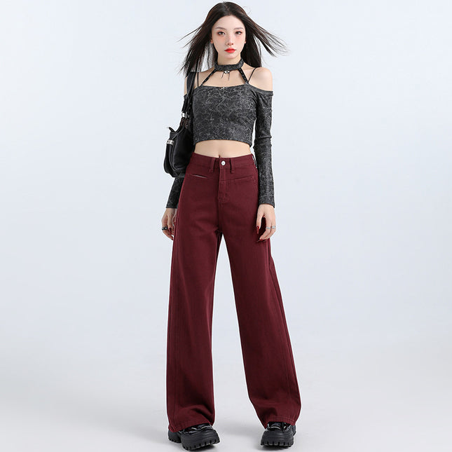 American Ankara Red Narrow Straight-Leg Jeans for Women, Autumn New Loose Slimming Versatile Floor-Length Wide-Leg Pants
