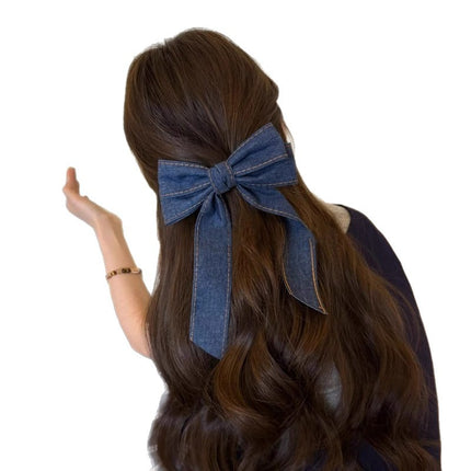 Korean-Style Denim Bow Large Duckbill Clip High-End Ponytail Clip Hair Accessory Half-Tied Ribbon Hairpin for the Back of the Head