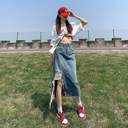Irregular Raw Edge Denim Skirt for Women in Autum New Pear-shaped Figure High Waist Slimming Look Mid-length A-line Skirt