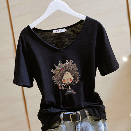 V-neck ultra-thin front shoulder slub cotton letter printing summer 2024 new Korean loose top short sleeve women's T-shirt fashion