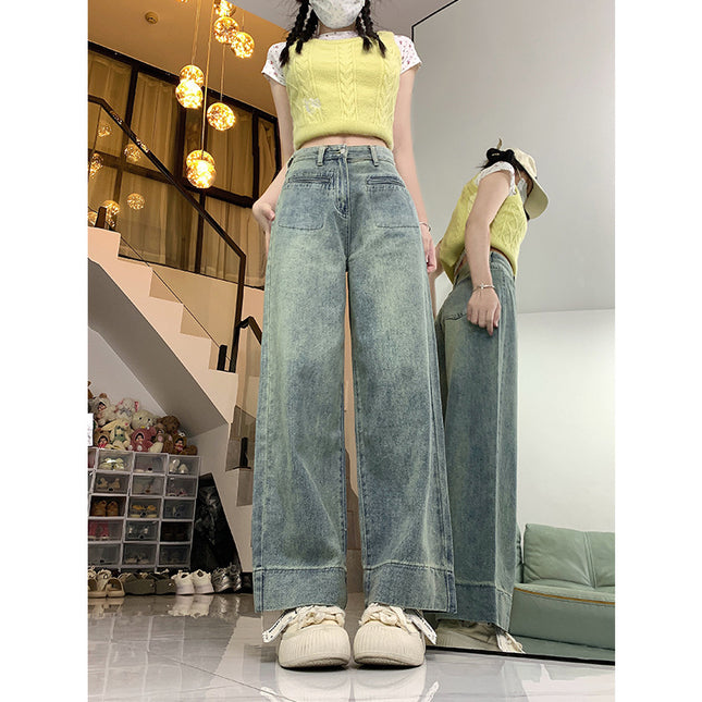 Vintage Light-Colored Jeans for Women, Summer High-Waisted Slimming Loose Versatile Petite Straight Wide-Leg Pants