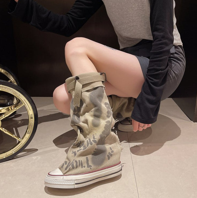 Letter Graffiti Canvas Pants Tube Boots Women's Pleated Stack Boots Niche Design Sense Foreign Trade 2025 plus size Cross-border Boots