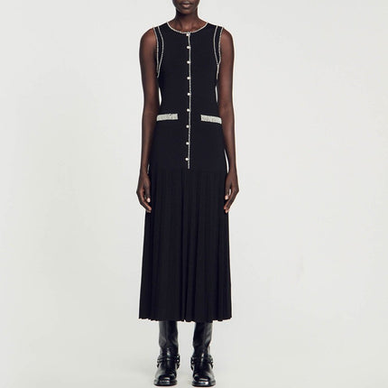 Light Luxury Handmade Beaded Slim-fit Knitted Sleeveless Black Dress Women's Summer New Mid-length dress to Ankle
