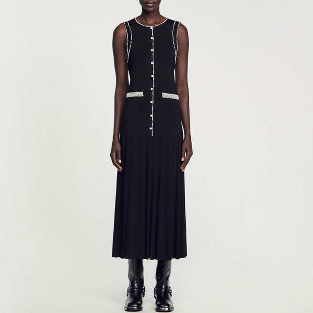 Light Luxury Handmade Beaded Slim-fit Knitted Sleeveless Black Dress Women's Summer New Mid-length dress to Ankle
