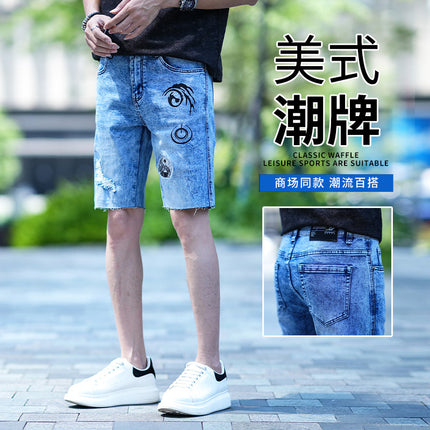 Cross-Border Popular Summer Men's Jeans Straight Fashion Street Fashion High-End Casual Elastic Five-Point Pants New Style