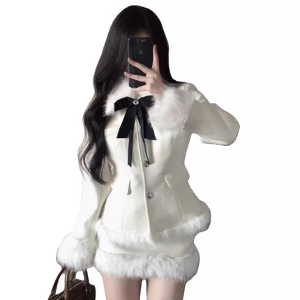 Korean Drama Daughter Big Miss Tight Waist Slimming Woolen Coat Overskirt suit Women's cotton and thickening Warm Two-piece Set