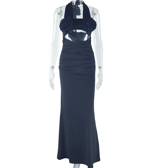 European and American women's clothing 2024 autumn sweet fresh hanging neck three-dimensional flower decorative high waist one-step skirt dress dress