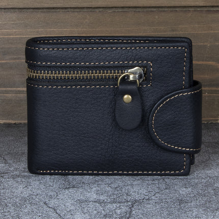 Men's Wallet Cross Short Genuine Leather Men's Tower Buckle Triple Fold Wallet Vintage Top Layer Cowhide Card Holder Multi-Card Holder Wallet
