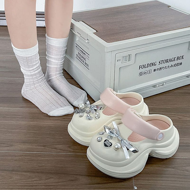Increased Comfortable Explosions Retro Sweet Bow Hole Shoes Rhinestone Korean-style Office Home Non-slip Baotou Slippers