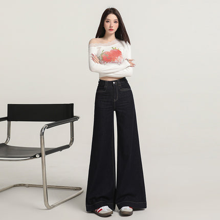 Raccoon House # Vintage Washed Blue Jeans for Women Fashion European and American Style High Waist Loose Flared Floor-Length Wide-Leg Pants