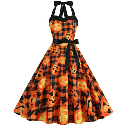 Factory direct supply 2024 Halloween new Hepburn style high waist slim hanging neck large swing long retro dress
