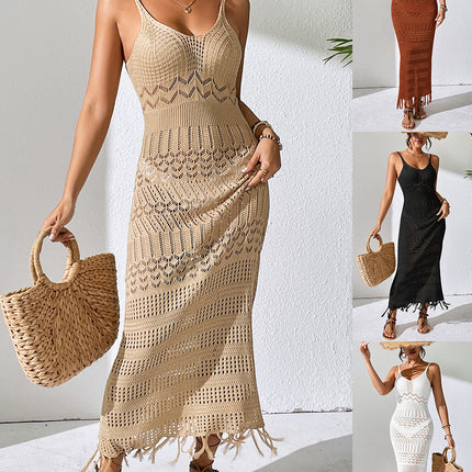 Cross-border European and American Sexy Hollow Strap Long Dress Slim-fit Tassel Beach Dress Sleeveless Knitted V-neck Strap Dress