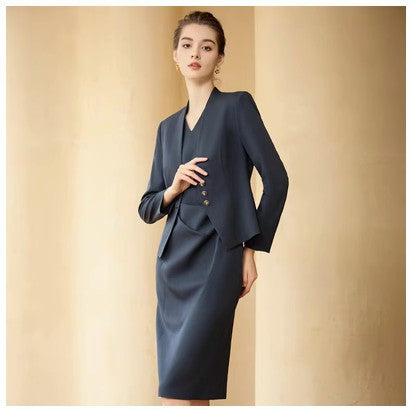 Fashionable Spring and Autumn new women's suit formal wear belly-covering slimming V-neck fashionable mid-length dress suit