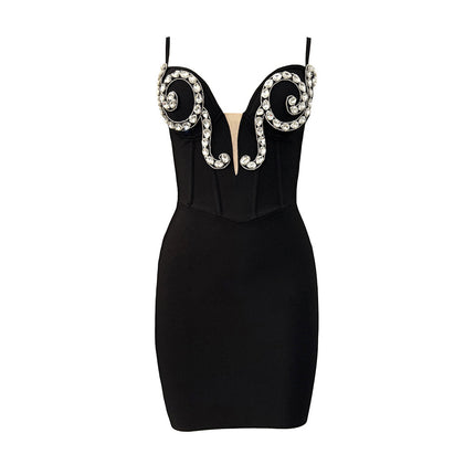 European and American Cross-Border New Women's Suspender Diamond-Encrusted Light Luxury Mesh Bandage Skirt Sexy Hot Girl Hip-Hugging Party Dress
