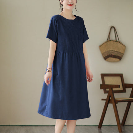 2024 Summer new Korean style organ pleated solid color round neck short sleeve midi dress women's loose slimming cotton and linen dress