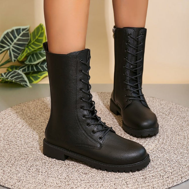 2025 Spring New Style Medium Heel Thick Heel Retro Large Size Cross-Border Mid-Calf Boots for Women Foreign Trade Round Toe Side Zipper Women's Boots