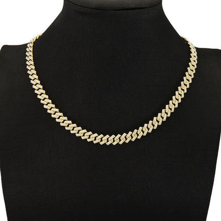 Full Diamond Encryption Cuban Chain Hip-Hop Necklace European and American Cross-border TEMU Trendy Spring Buckle Neck Chain Accessories