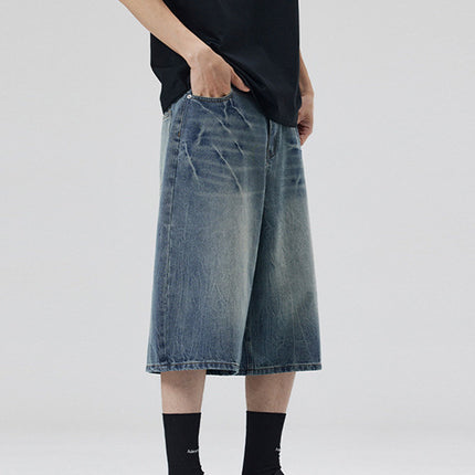 LKTM Men's# American Retro Old Blue Lightning Pattern Denim Shorts Men's and Women's Loose Straight Shape Cropped Pants