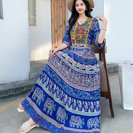 Amazon Cotton Silk Beach Dress Ethnic Style Large Swing Dress V-Neck Mid-Sleeve Dress Embroidered Vintage Floral Long Dress