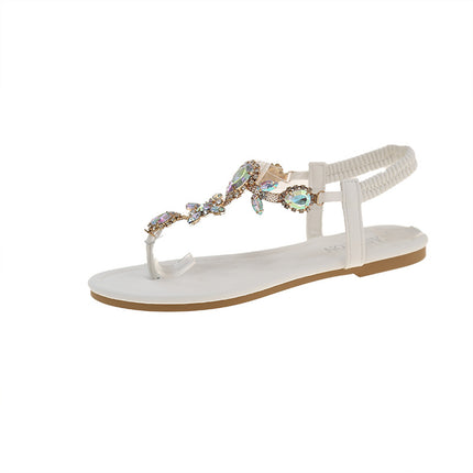 2025 summer latest flat plus size sandals women's foreign trade fashion flower rhinestone elastic band casual clip toe sandals