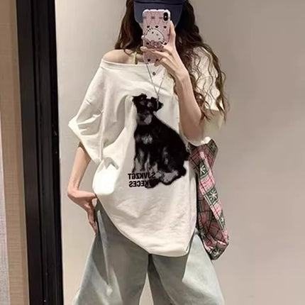 Summer Women's Tops Short-Sleeved Women's T-Shirt Clothes One-Shoulder High-End Cute Printed Short-Sleeved T-Shirt Custom Group Uniform