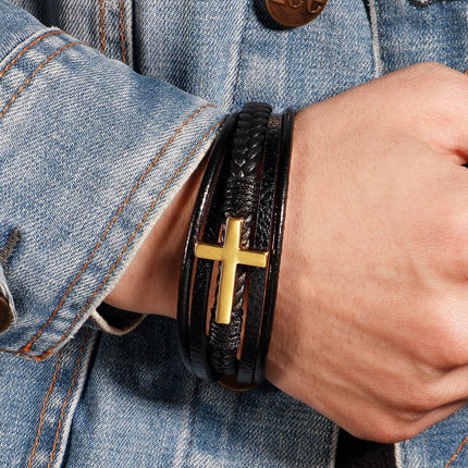 Cross-Border Hot Selling European and American Cross Leather Bracelet Men's Multi-Layer Hand-Woven Rope Magnet Buckle Genuine Leather Bracelet