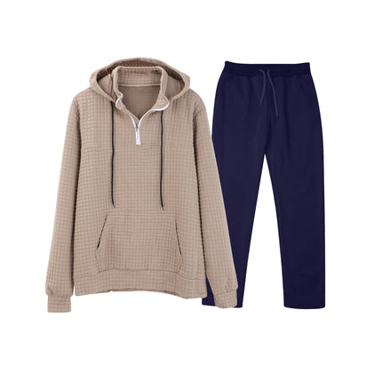 European and American Cross-Border Long-Sleeved Waffle Top Aliexpress Solid Color Drawstring Pocket Hoodie Sweatshirt and Sweatpants Set
