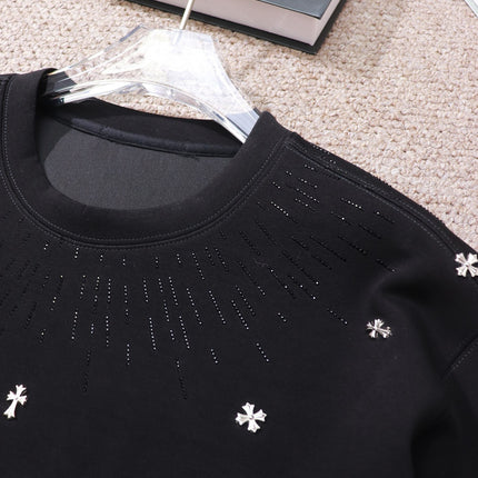 American-style High Street Casual Heavy Hot Drilling Meteor Shower Cross Plus Size Crewneck Sweatshirt Top fleece-lined Fat