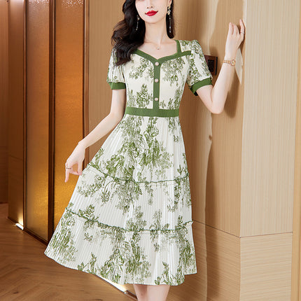 Miyake Pleats 2025 Summer New Fashionable Elegant Square Neck Printed Pleated Skirt Waist-Slimming Magic Dress