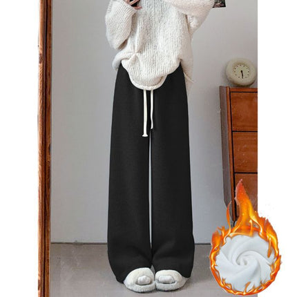 Blue Knitted Wide-Leg Pants for Women, Spring and Autumn 2025 New Style, High-Waisted Casual Straight Narrow Version, Mink Fur Fleece-Lined Glutinous Rice Pants