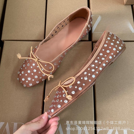 Za Manufacturer Breathable Mesh Sandals with Rhinestone Bow and Starry Sky Ballet-Style Flat Shoes European and American Ballet