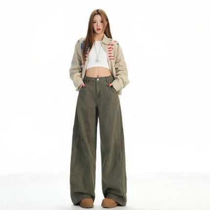 Khaki Wide-Leg Cargo Jeans for Women, Autumn 2025 New American Design, Loose Straight-Leg Floor-Length Pants