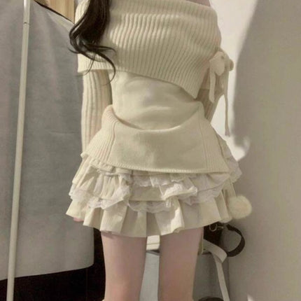 off-shoulder ambience long-sleeved sweet sweater top little cake pure skirt academic style suit